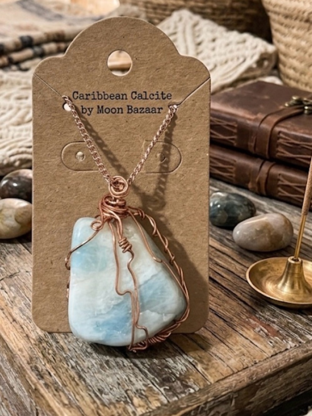 Caribbean Calcite copper Wire Wrapped Pendant Necklace - Blue & White